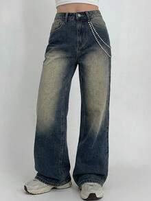 DAZY Jeans larges et amples pour femmes, style western cowgirl, lavage délavé, décoration de strass, tenue de rue décontractée, printemps/été - Bleu azur - Voir 6