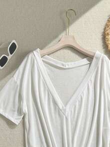 SHEIN Swim Vcay 2026新款女士夏季沙滩度假休闲宽松V领半透明性感露肩特殊面料T恤罩衫 - 白色 - 查看 7