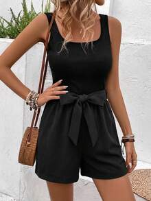 EMERY ROSE 棉质方领U领腰部系带蝴蝶结A字拼接复古休闲优雅连体裤（女款） - 黑色 - 查看 6