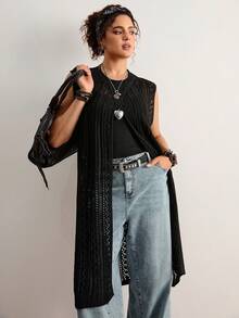 Freevana 法式镂空吊带连衣裙，轻薄针织外套，夏季薄款外衣，独特设计 - 黑色 - 查看 3