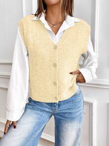 SHEIN LUNE Áo khoác cardigan cổ chữ V nữ phong cách đường phố tối giản, đa năng. - Màu vàng - Xem 2