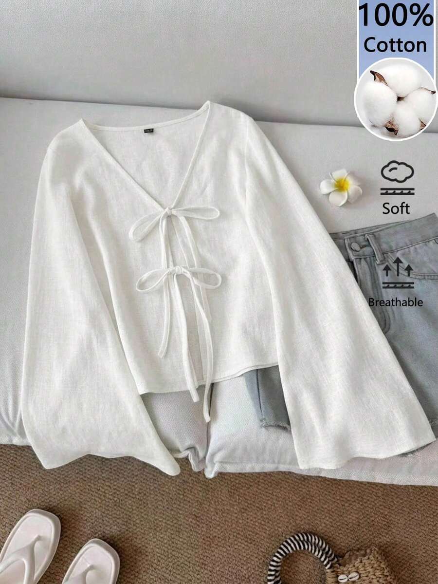 SHEIN LUNE Áo sơ mi nữ 100% cotton màu trơn cổ chữ V tay chuông cài nút phía trước, áo cổ chữ V màu nâu, áo trắng, áo trắng cài nút phía trước, kiểu dáng thường ngày. - trắng - Xem 1