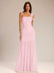 SHEIN BAE Đầm chữ A màu vàng trơn, thiết kế bất đối xứng vai, dành cho nữ, kiểu dáng thanh lịch, thích hợp cho kỳ nghỉ, đầm phù dâu, và mùa tốt nghiệp. - Màu Hồng baby - Xem 3