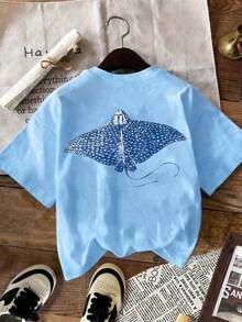 EMERY ROSE 女士休闲圆领T恤，动物印花，夏季针织短袖，宽松版型，蓝色蝠鲼图案 - 淺藍色 - 查看 2