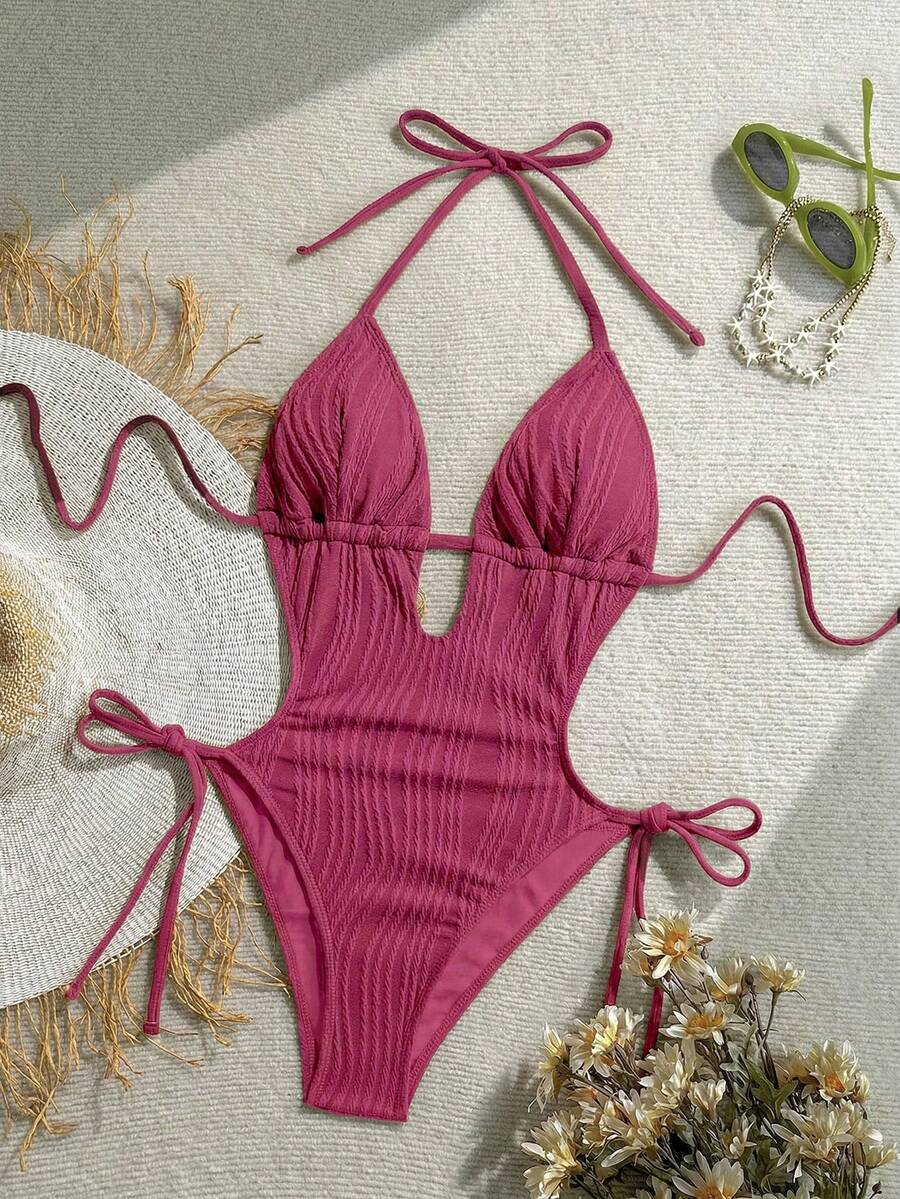 Soleia Mono de mujer con cuello en V, textura jacquard de punto y espalda descubierta en color verde oliva, adecuado para vacaciones en la playa - Rosa Fucsia - Ver 1