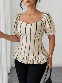Elenzga Plus Size Women's Elegant Contrast Striped Petal Sleeve Ruffle Hem Blouse, Summer - Khaki - View 3