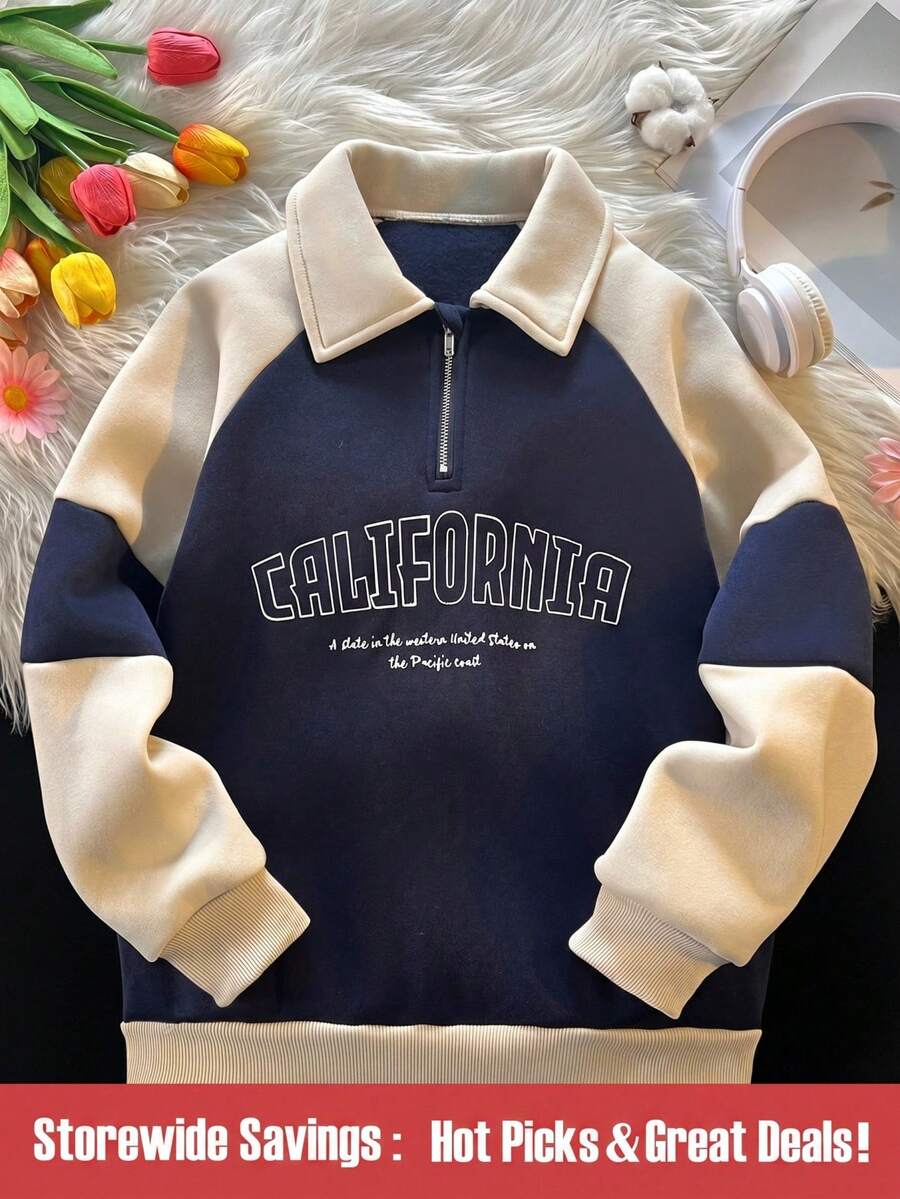 SHEIN Sudadera deportiva de niña preadolescente con media cremallera, bloque de color y estampado de letras, otoño - Multicolor - Ver 1