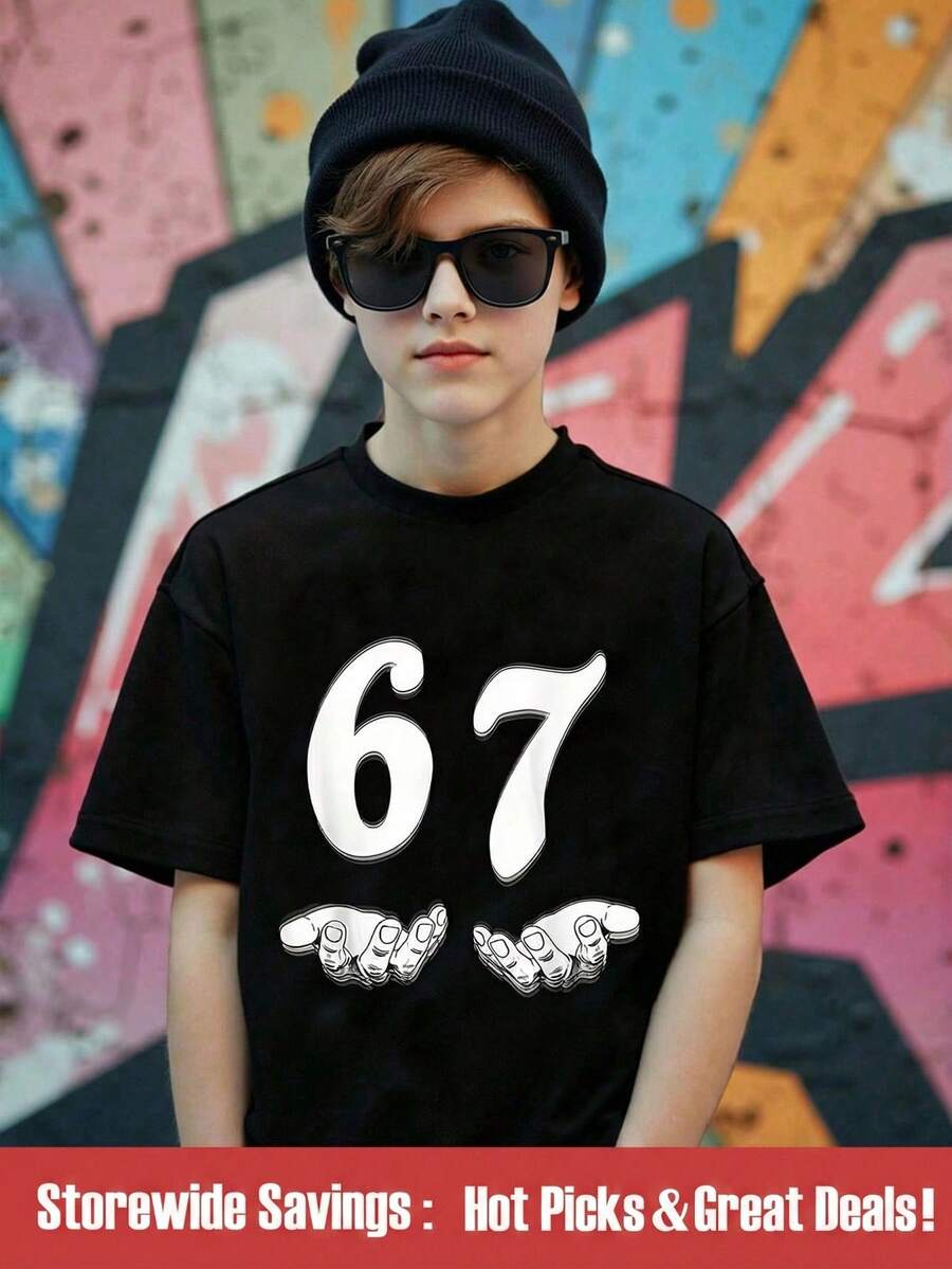 SHEIN 青少年男童休闲简约“67”图案印花短袖圆领T恤,适合外出穿着,黑色短袖上衣,“Six Seven”上衣适合夏季及所有季节 - 黑色 - 查看 1