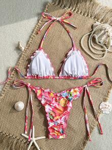 Swim Mod 2件套春夏沙滩度假随机印花荷叶边挂脖三角上衣和侧系带泳裤性感比基尼套装 Zestiva泳装春夏精选度假邮轮旅行沙滩日光浴2件套 - 彩色 - 查看 2