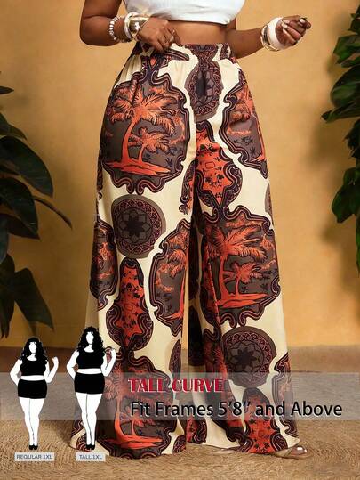 SHEIN Tall CURVE Quần dài cỡ lớn in họa tiết nhiệt đới kiểu dáng thường ngày