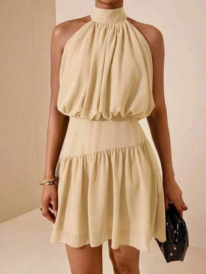 Vesra Đầm mini chiffon cổ yếm không tay dành cho nữ