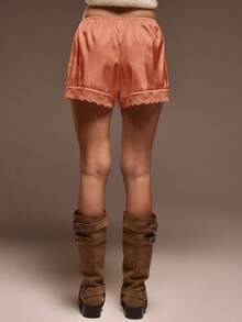 MUSERA Elasticated Satin Pull On Lace Trim Shorts Cute Summer Vacation Boho Summer Cute Pants Spring Holiday - Orange - View 3