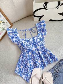Franclia Blusa de mujer con cuello cuadrado, mangas con volantes y bajo asimétrico estampado - Azul - Ver 1