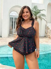 Swim Lushoire Plus Size Women's Summer Beach Vacation Cherry Print Frill Trim Tankini Swimwear - Multicolor - View 3
