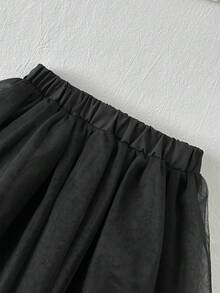 女婴夏季休闲优雅蝴蝶结印花荷叶边上衣和网纱裙套装 - 杏色 - 查看 5