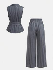 SHEIN Girlism Bộ đồ 2 mảnh dành cho nữ tuổi teen, áo blazer không tay cổ ve màu xám đậm kẻ sọc và quần dài, thích hợp cho các dịp trang trọng mùa hè, thanh lịch, tiệc tùng, hẹn hò, họp mặt gia đình quan trọng. - Màu xám đen - Xem 2