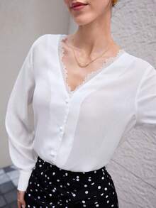 Modelyn Fashionable Basic Contrast Lace Long Sleeve Blouse, Slimming And Versatile Women Top Teachers' Day Golf White Autumn - White - View 6