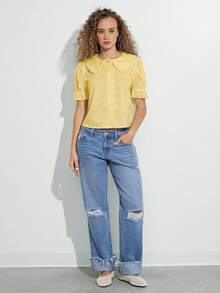 WESTFADE 100% Cotton Ruffle Collar Short Puff Sleeve Button Up Shirt Casual Cute Top, Spring, Summer, Casual, Cute, Boho, Nashville, Vacation, Beach, Rodeo, Country Concert Outfit, Nashville - Light Yellow - View 3