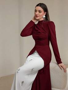 Modelyn 女式纯色立领长袖褶皱开衩下摆连衣裙长款晚礼服 - 酒紅色 - 查看 6