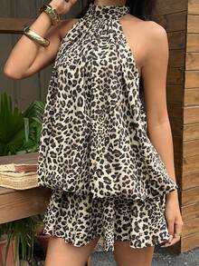 SHEIN EZwear 女士豹纹露背迷你吊带连衣裙 - 咖啡棕 - 查看 1