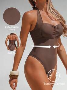 Shapewave Maiô elegante de uma peça com controle de barriga, em contraste de cores marrom, franzido e modelagem que afina a silhueta, ideal para primavera/verão. - Castanho - Ver 7