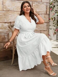 SHEIN Elenzya V-Neck + Puff Sleeve Cinched Waist + Flared Skirt Delicate Sweet Pink Hollow Waist Embroidered Fabric Plus Size Dress - White - View 3