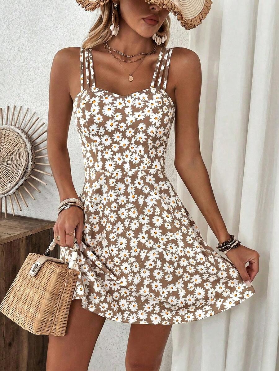 Breezaya Women's Brown And White Cami Dress Holiday Beach Holiday Vacation Outfit Summer Cottage Core - Khaki - View 1