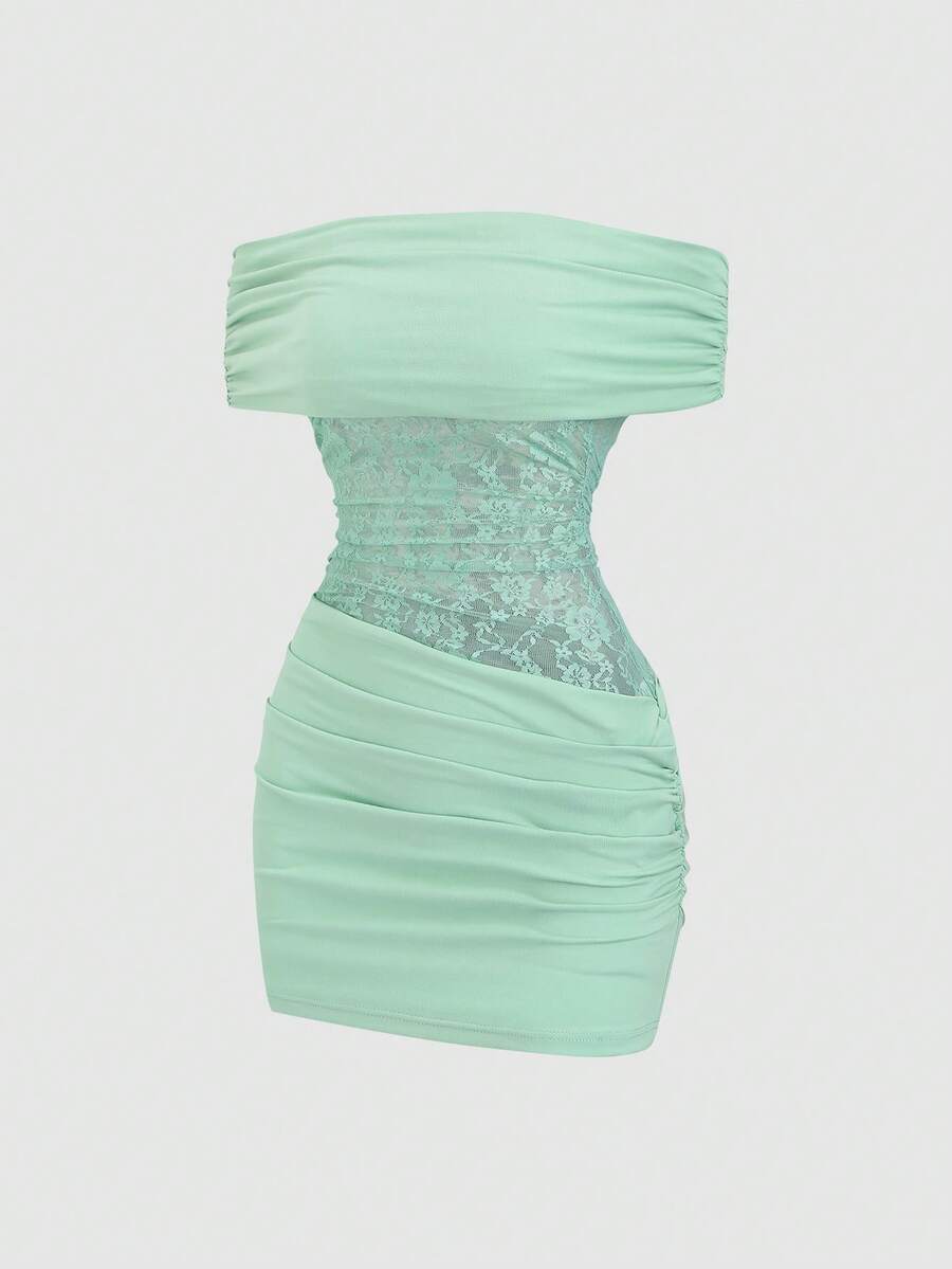 Sweetra Y2K Sexy Off-Shoulder Pleated Lace Patchwork Elegant Vacation Dress - Green - View 1