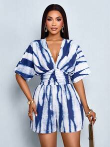 SOLERSUN Women's Floral Print Deep V-Neck Batwing Sleeve Ruched Waist Pleated Jumpsuit - Navy Blue - View 6