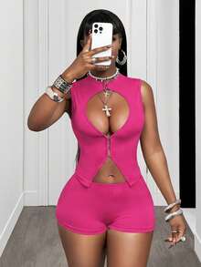 SHEIN BamGlam Bộ đồ 2 mảnh màu trơn cổ tròn không tay ôm sát, khoét lỗ, thời trang, thích hợp cho mùa hè. - Màu Hồng Tươi - Xem 5