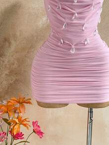 Soleia Vestido mini ajustado con escote pronunciado y decoración con cuentas, de estilo romántico y sexy, color rosa, adecuado para fiestas, citas, discotecas, estilo bohemio, vacaciones, otoño - Rosa Pálido - Ver 5