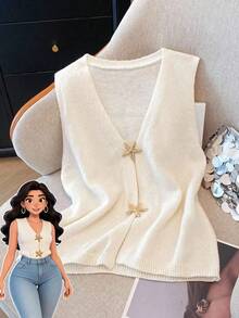 SHEIN Clasi Plus Size Women Star Button Sleeveless Knit Top - Apricot - View 1
