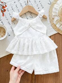 女婴时尚新款可爱蝴蝶结镂空设计短袖上衣和裙子两件套 - 白色 - 查看 2