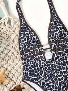Swim Chiccia Springbreak Sexy Leopard Print Deep V Neck Halter One-Piece Swimsuit, Boho Festival - Multicolor - View 3