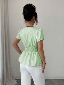 SHEIN Elenzya 优雅夏季度假蓝色条纹深V领性感镂空女式衬衫 - 綠色 - 查看 2