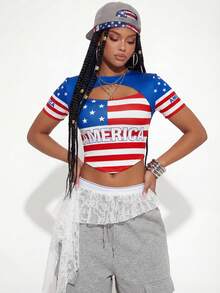 Gowayae American Flag Print 2 In 1 Top, Sexy Hollow Asymmetrical Hem Short Sleeve T-Shirt - Multicolor - View 5