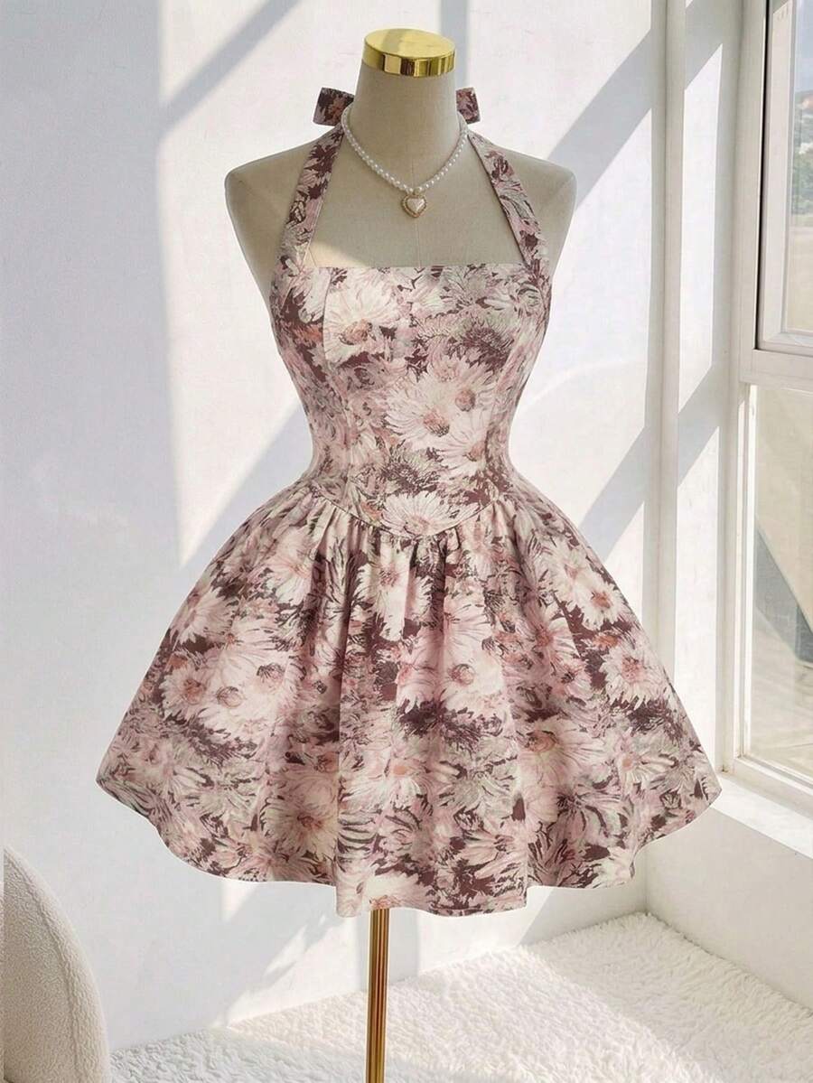 SHEIN MOD 女士优雅印花露背系带收腰牛仔连衣裙，度假风 - 藍色 - 查看 1