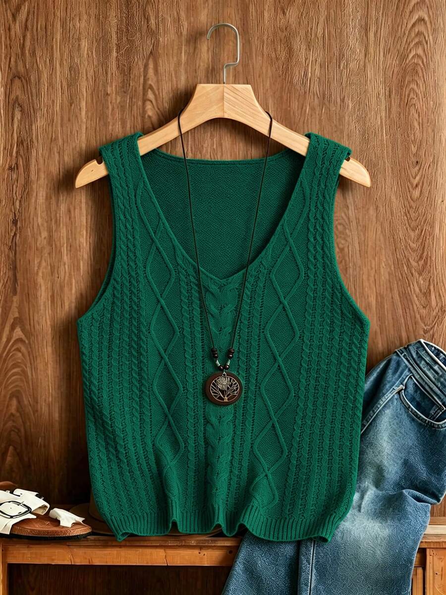 Franclia Top tricoté à câble de couleur unie, décontracté et quotidien, pour l'été - Vert - Voir 1