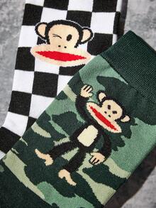 Paul Frank X SHEIN 2雙柔軟透氣吸濕排汗休閒中筒襪 時尚迷彩與棋盤格圖案 加強腳趾與腳跟耐穿 中性男女適用 全季節百搭 夏冬圖案襪 - 彩色 - 查看 3