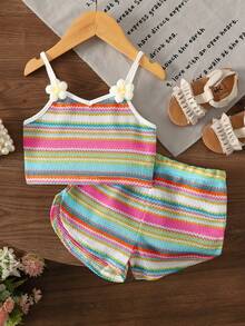 SHEIN Young Girl Colorful Striped Knit Top With 3D Floral Decor And Shorts Set - Blue - View 5