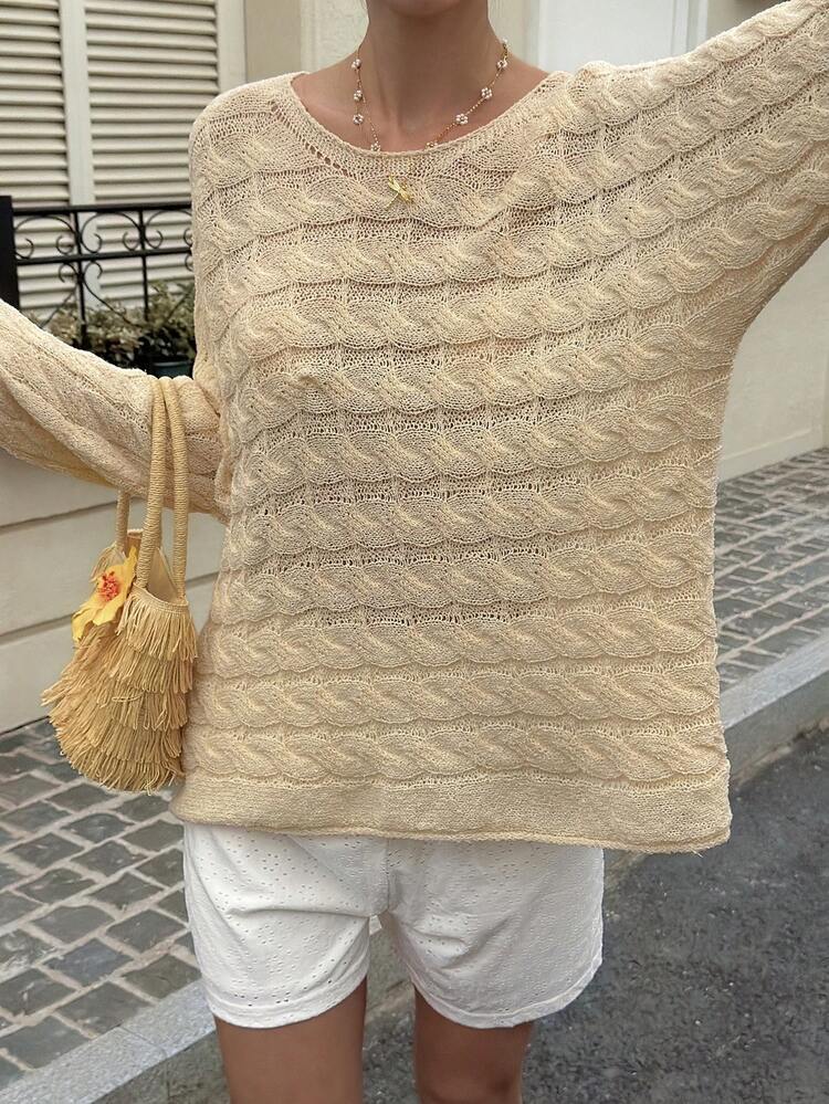 Loose Fit Round Neck Long Sleeve Knit Blouse For Women