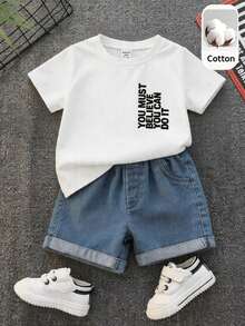 SHEIN Bộ đồ gồm áo thun ngắn tay và quần short denim cho bé trai/bé gái, kiểu dáng thường ngày, thích hợp cho mùa xuân/hè. - trắng - Xem 4