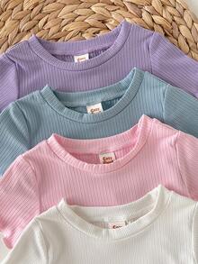 Cozy Pixies 4pcs Baby Girl Solid Color Soft Knit Round Neck Short Sleeve T-Shirt Set - Multicolor - View 6