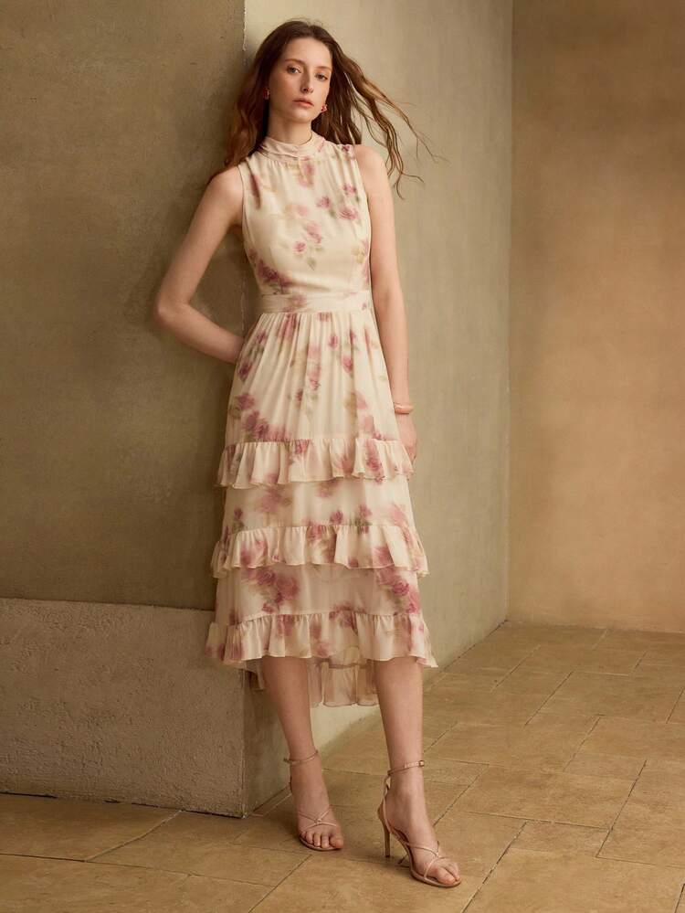 WOMEN'S FLORAL PRINT RUFFLE HEM MIDI DRESS
