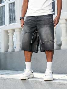 Manfinity Roghcode Men Plus Size American Streetwear Patchwork Frayed Hem Wide Leg Denim Shorts - Black - View 5