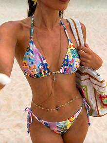 Swim Mod 2pcs/Set Women Summer Beach Vacation-Style Fruit Print Bikini Swimwear Set,Halter-Neck Bikini Top With Triangle Cups And Pleated Swim Trunks - Multicolor - View 6