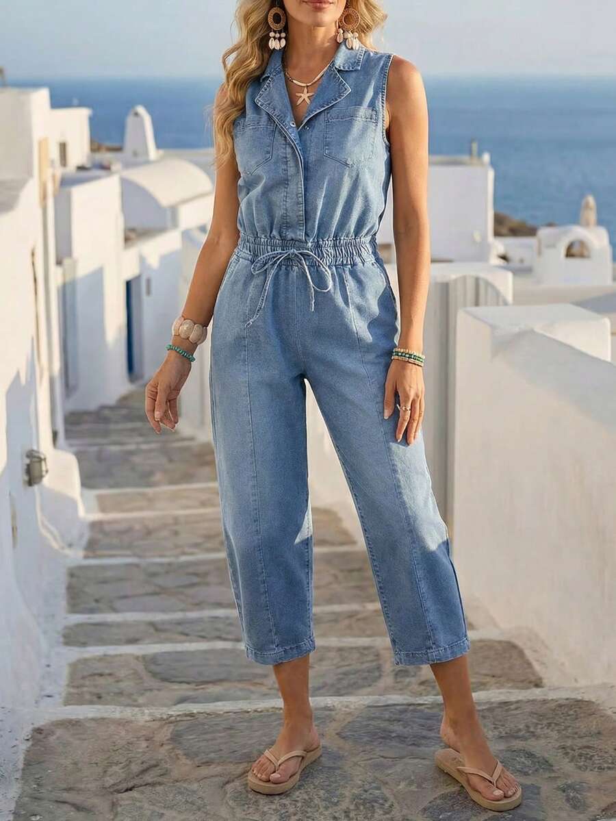 Breezaya Mono de mezclilla casual para mujer con cuello de solapa y diseño de lazo en la cintura, adecuado para uso diario - Azul - Ver 1