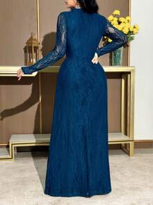 Modelyn Women's Solid Color V-Neck Long Sleeve Lace Waist Cinched Elegant Midi Dress With 3D Floral Decor Elegant Blue Maxi Dress Blue Lace Evening Gown Blue Long Sleeve Formal Dress - Navy Blue - View 3