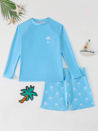 SHEIN Tween Boys Swimwear, Tropical Holiday Style, Blue With Palm Tree Print, Knit Fabric, Long Sleeve T-Shirt + Swim Trunks, 2pcs Set, Fashionable Casual Vacation Design, Suitable For Swimming, Summer Holiday, Beach, Pool