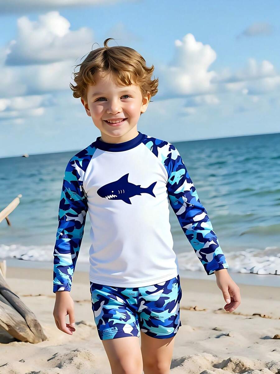 SHEIN Cartoon Shark Print Swimsuit Set For Young Boys, Suitable For Beach & Swimming - Blue - View 1